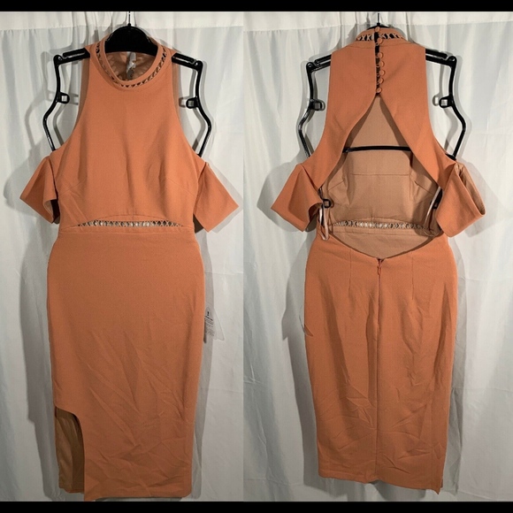 NWT $195 Bariano Australia Halter Cold Shoulder Dress in Deep‎ Blush [SZ 4 ] - Picture 1 of 8